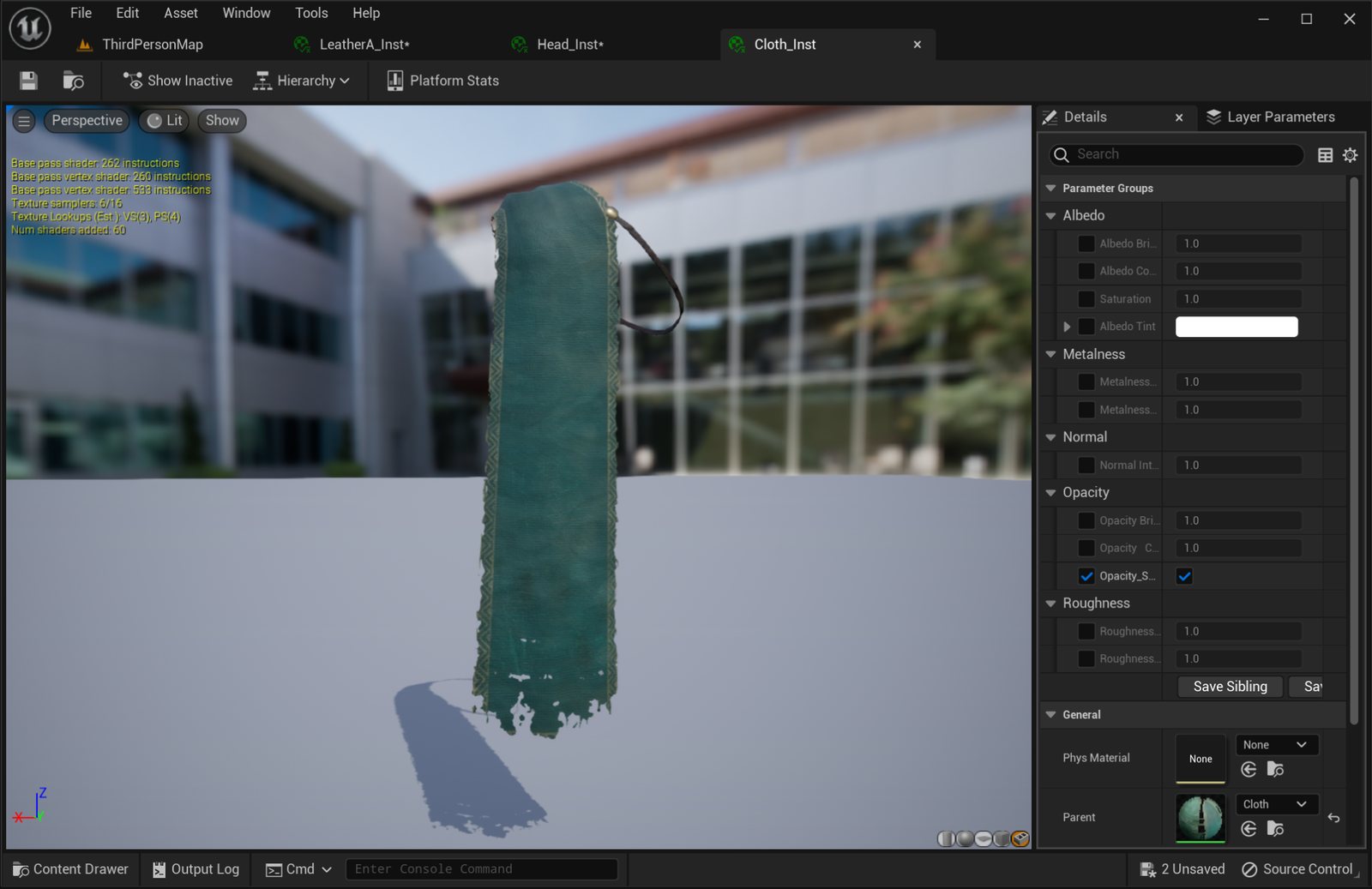 The cloth material instance: the green cape with a frayed edge in the preview, and parameter groups including Opacity with its on/off switch.