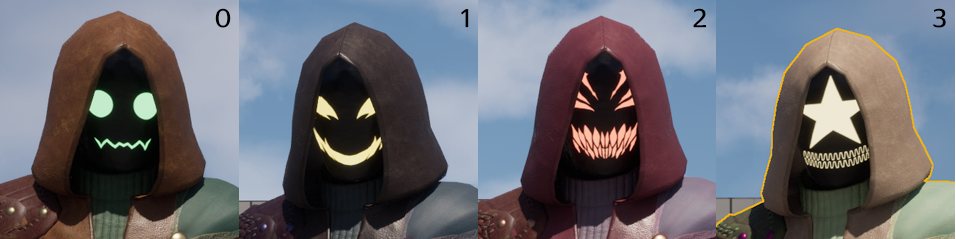 The four faces under the hood, numbered 0 to 3: green eyes with a jagged grin, yellow eyes with a wide smile, red eyes with a toothy grin, and a white star with a fanged smile.