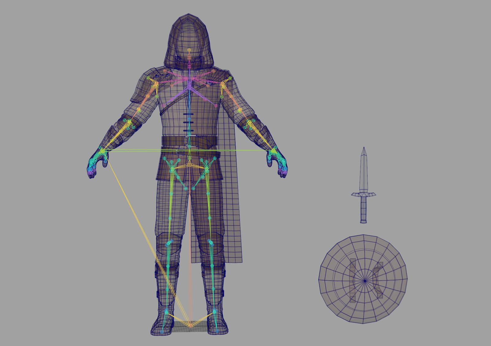 The Rogue's FBX in wireframe on a grey background, with its skeleton shown in colour, beside a dagger and a round shield.