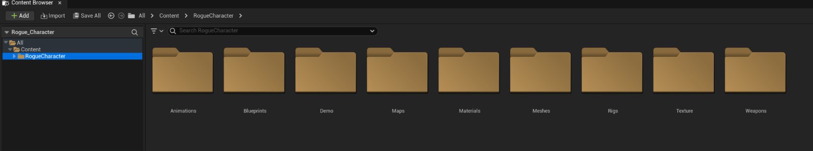 The RogueCharacter folder in the Content Browser showing nine folders: Animations, Blueprints, Demo, Maps, Materials, Meshes, Rigs, Texture and Weapons.