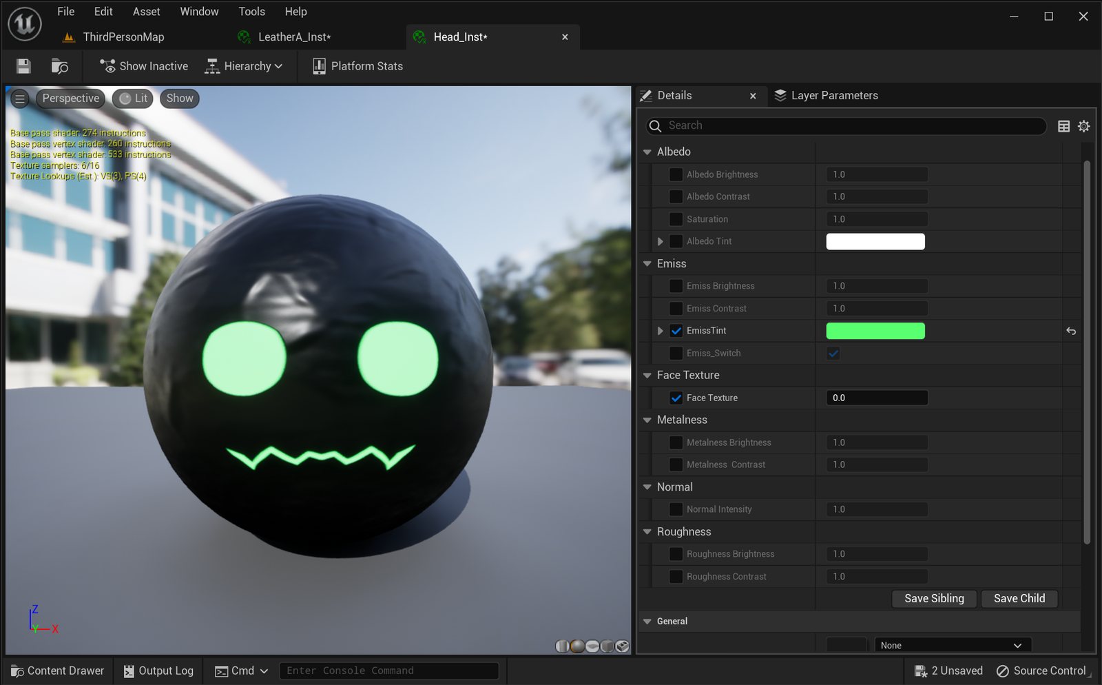 The head material instance: a black preview sphere with glowing green eyes and a jagged grin, and the parameters, including a green Emiss Tint and the Face Texture value.