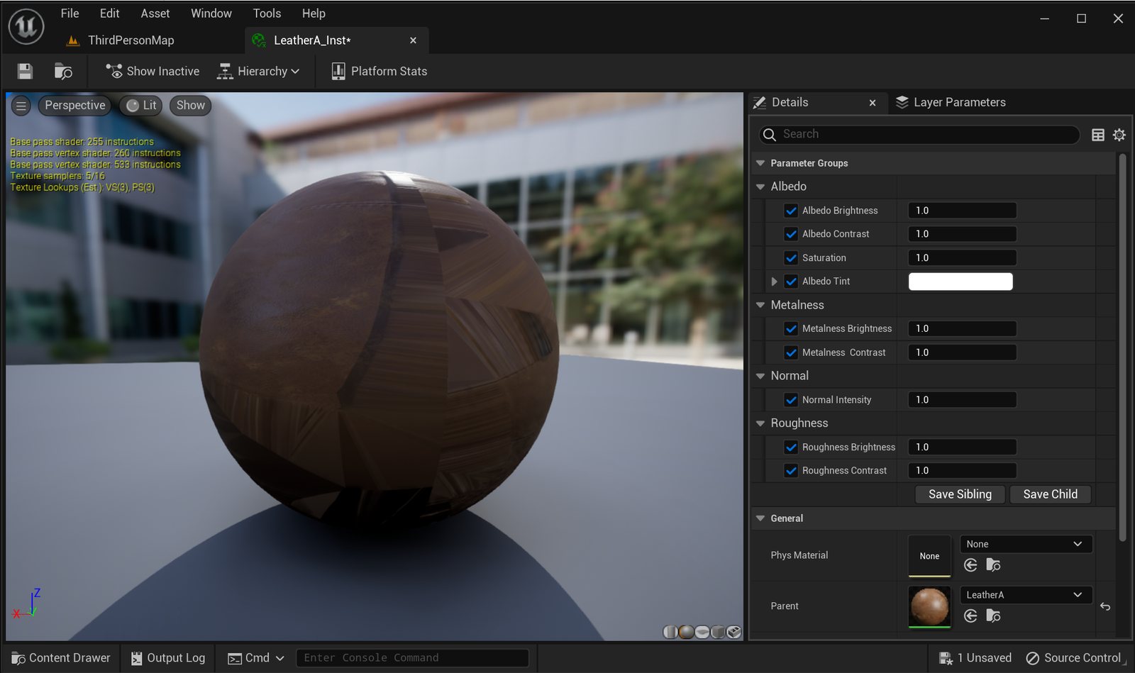 The material instance editor for the leather material: a leather-textured preview sphere, and parameter groups for Albedo (brightness, contrast, saturation, tint), Metalness, Normal intensity and Roughness.