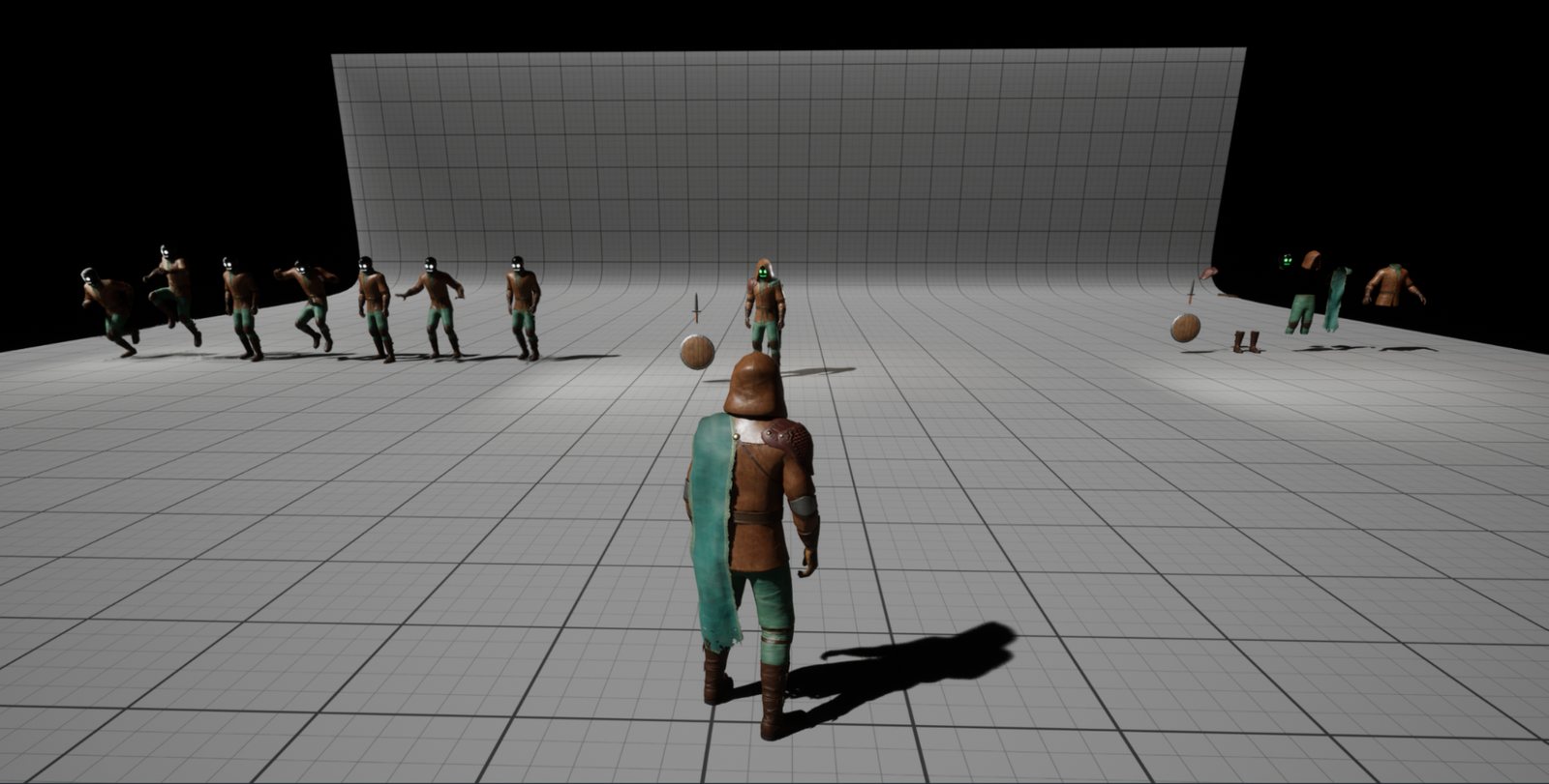 The preview map: a grey grid floor with a curved backdrop, the Rogue in front with his green cape and a row of Rogues behind him, each playing a different animation.