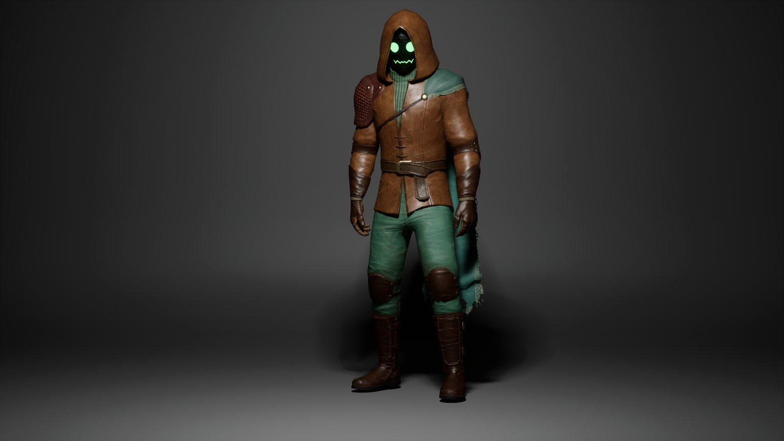 The Rogue standing on a grey studio floor: a brown leather hood over a black mask with glowing green eyes and a jagged grin, a brown leather jacket with a quilted shoulder pad, a green cape, green trousers with leather knee pads, leather gloves and tall boots.