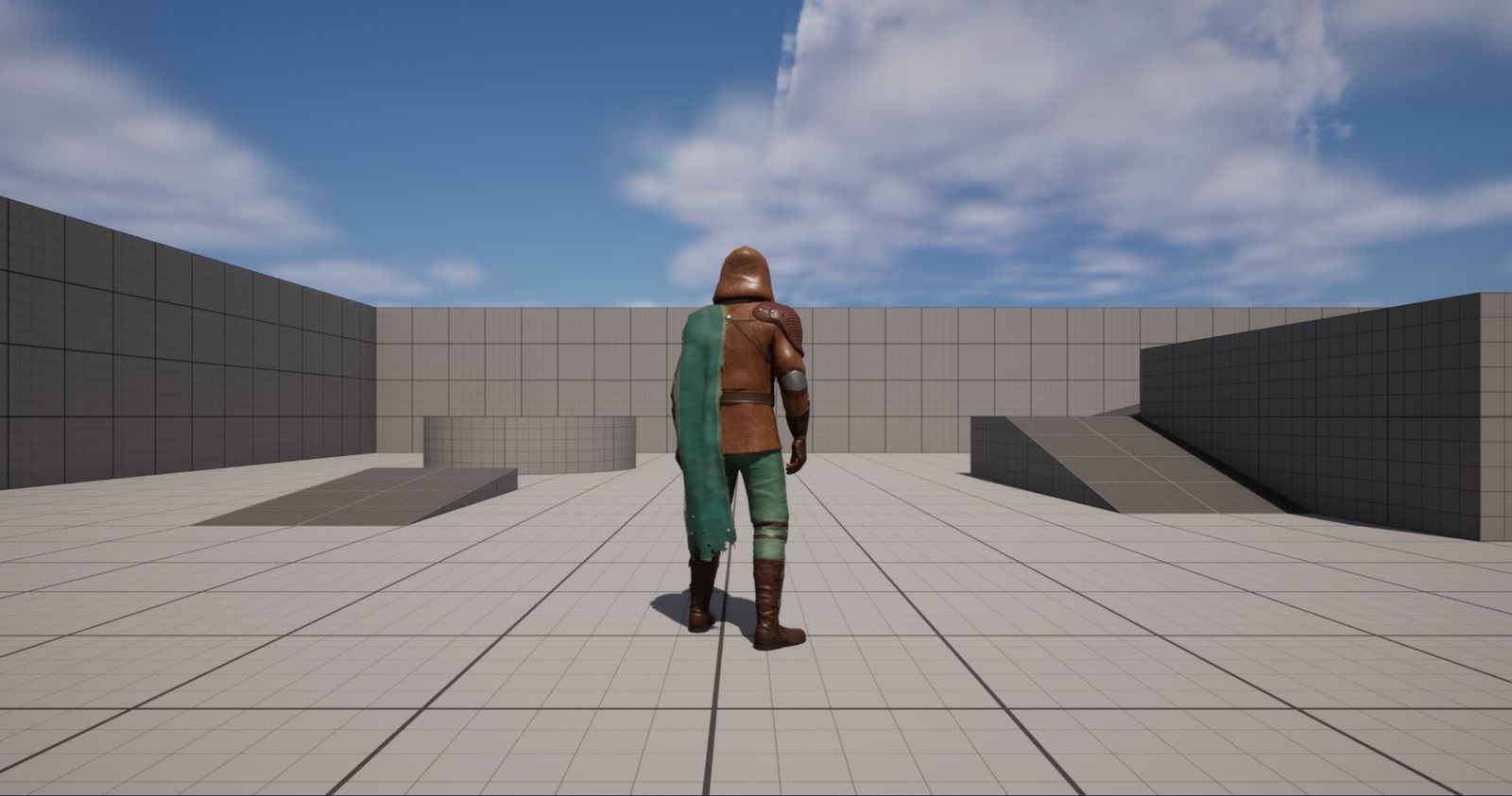 The Rogue seen from behind in the Unreal Third Person template level, with grey walls, ramps and a blue sky.