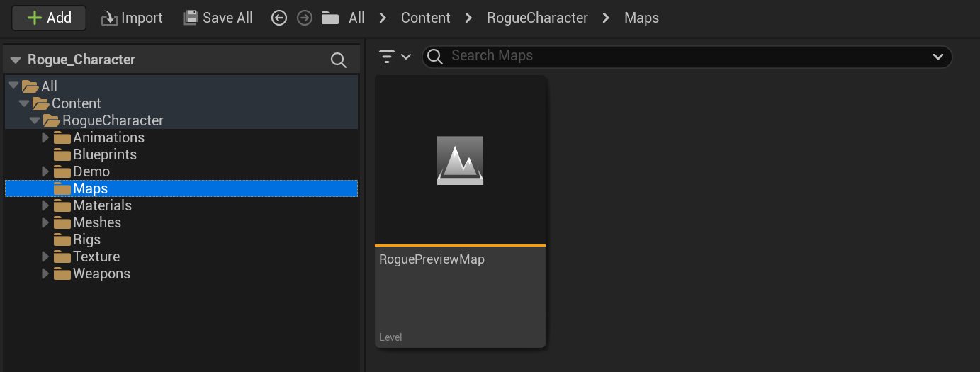 The Unreal Content Browser: Content, RogueCharacter, with the Maps folder selected and RoguePreviewMap inside it.